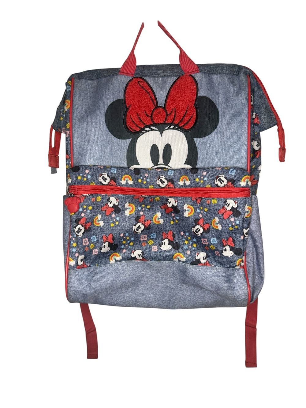 Disney Minnie Mouse Denim Rainbow Floral Pocket Backpack Bookbag Large